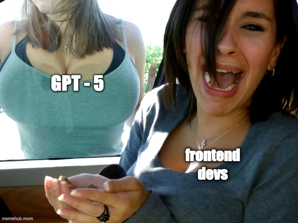 Funny AI meme depicting frontend developers’ over-the-top reaction to GPT-5’s advancements.