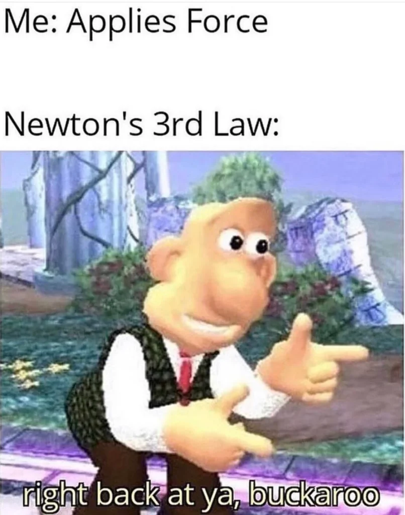  A meme featuring a caption "Me: Applies Force" and "Newton's 3rd Law:", followed by a 3D animated image of Wallace from Wallace and Gromit pointing at the camera with text that says "right back at ya, buckaroo."