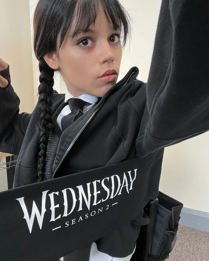 Close-up of Jenna Ortega’s makeup and costume as Wednesday Addams during Wednesday 2 filming.