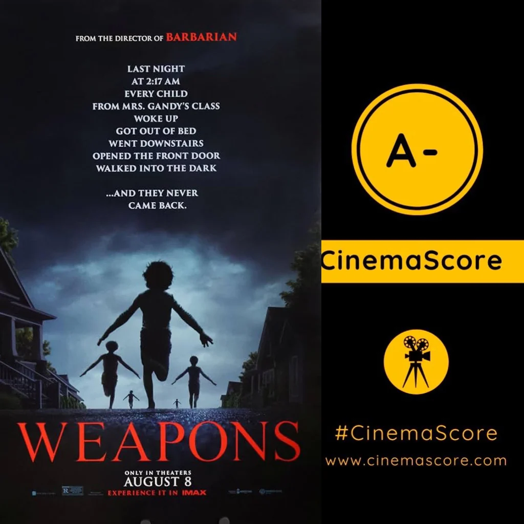 Official movie poster of Weapons featuring a dark, atmospheric design.