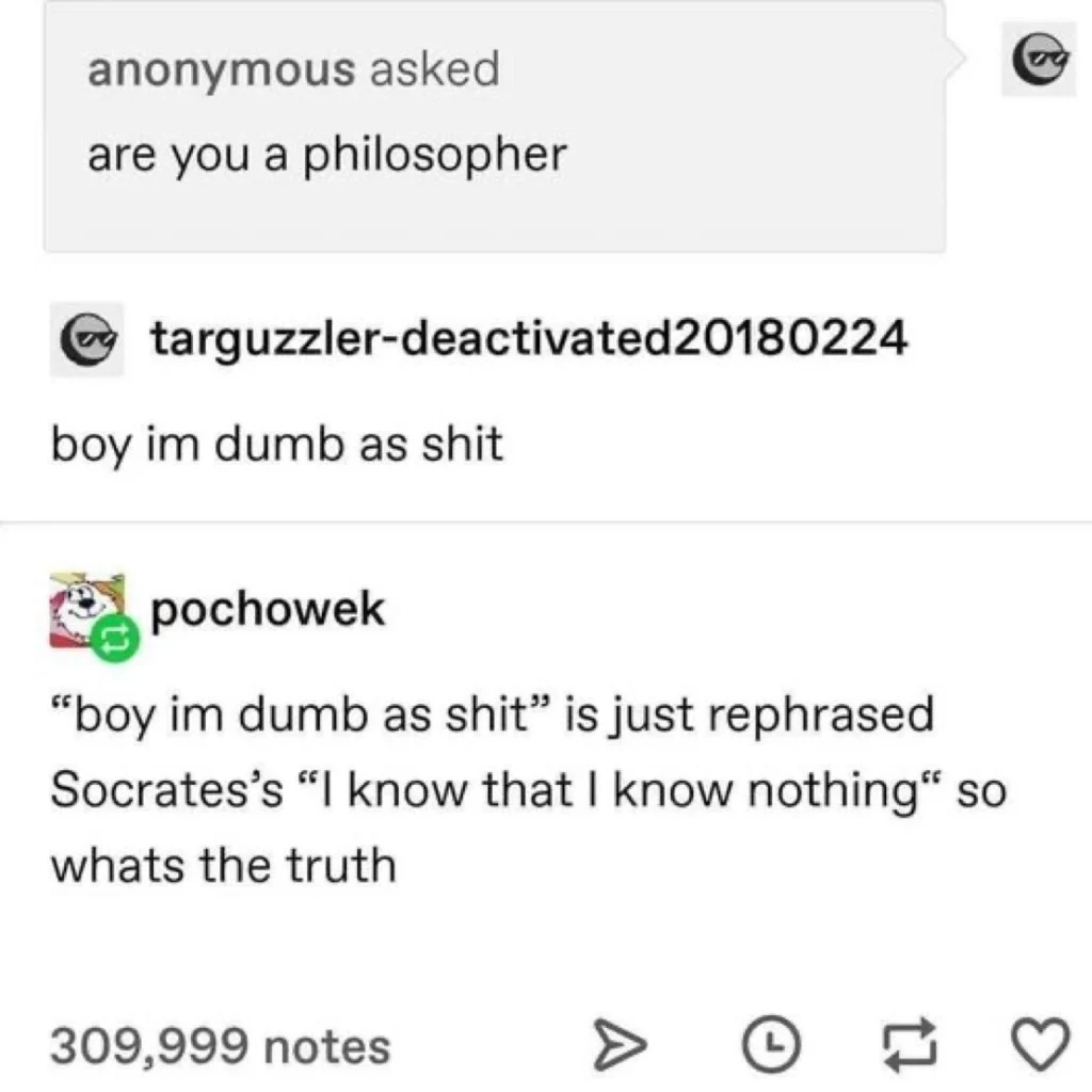 Title: Modern Socrates
Alt text: A screenshot of a social media post. An anonymous user asks, "are you a philosopher". The user "targuzzler-deactivated20180224" replies, "boy im dumb as shit". Another user, "pochowek", comments, "“boy im dumb as shit” is just rephrased Socrates’s “I know that I know nothing” so whats the truth". The post has 309,999 notes.
