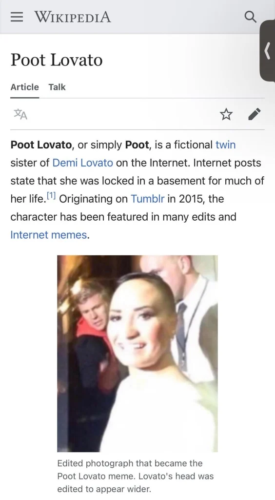 A screenshot of a Wikipedia page for "Poot Lovato." The text defines the character as a fictional twin sister of Demi Lovato, originating on Tumblr in 2015. Below the text is a photograph of the meme, which shows an edited image of a person's face with their head edited to appear wider. Another person is partially visible behind them. A caption below the image states that it is an "Edited photograph that became the Poot Lovato meme."
