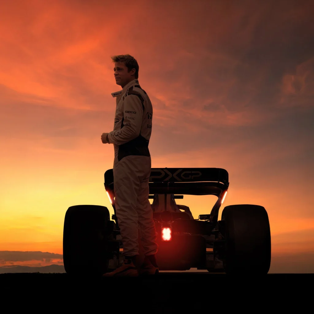 Brad Pitt standing with the F1 movie poster showcasing its global box office success.