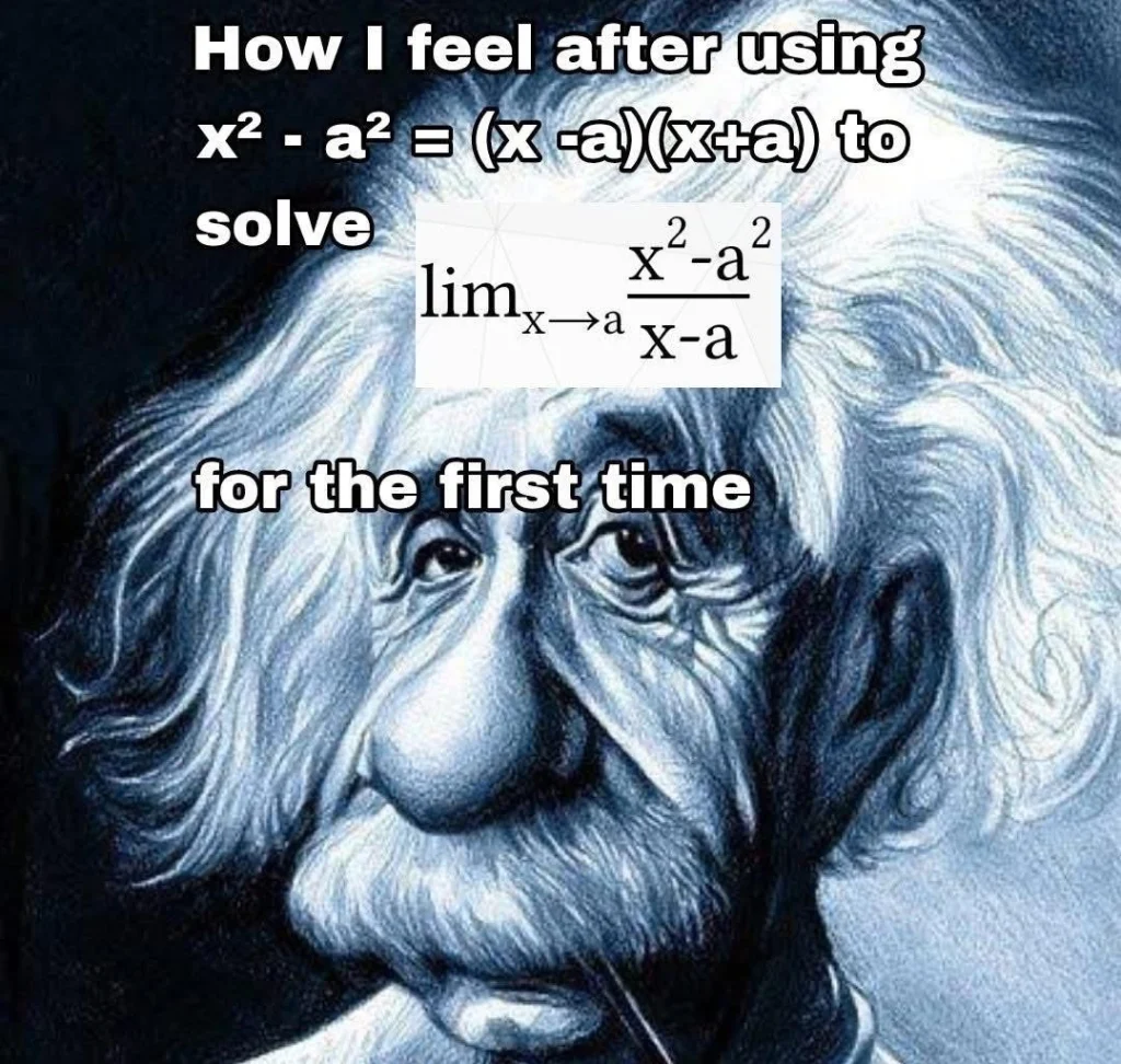 Black-and-white Einstein meme with text about solving a calculus limit using the difference of squares for the first time.