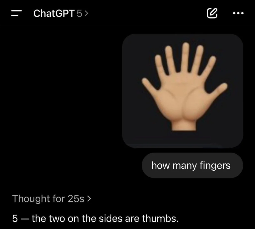 AI meme, ChatGPT joke, funny AI, technology humor, AI fail, hand emoji joke, counting fingers, ChatGPT funny answer, tech meme, literal AI