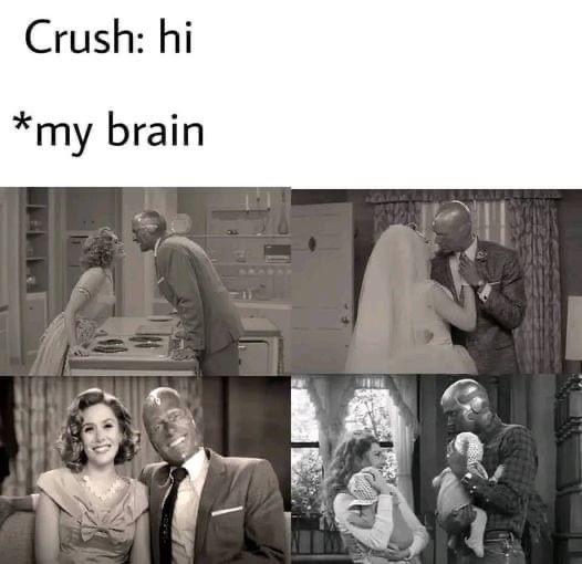Black and white meme showing a man and woman in romantic and family scenes, humorously illustrating how the brain overthinks after a crush says hi.
