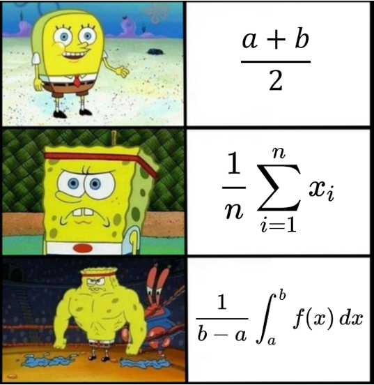 Three-panel SpongeBob meme showing him getting more muscular alongside average formulas: simple two-number average, summation notation, and a definite integral.