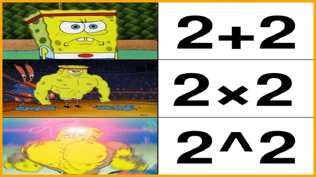 Three-panel SpongeBob meme showing him growing stronger beside math problems: addition, multiplication, and exponents