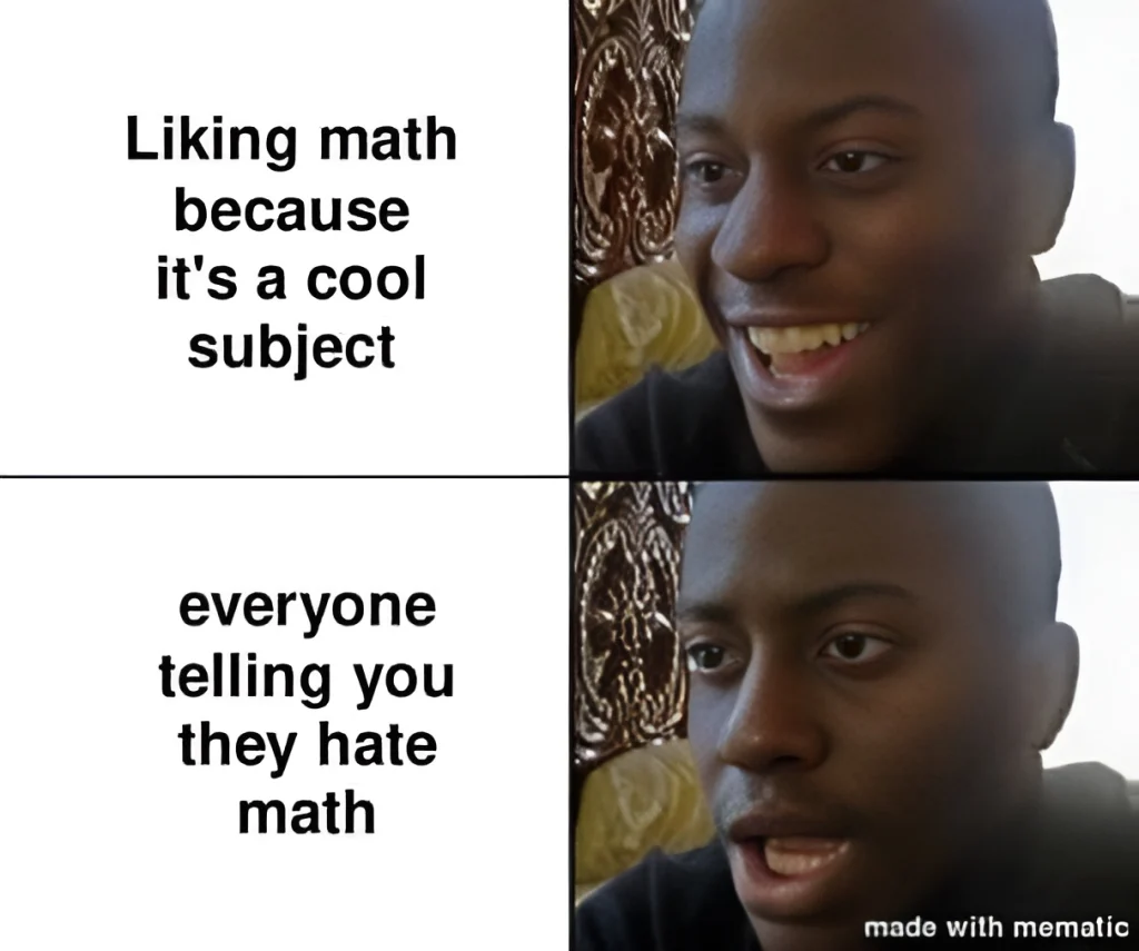 Two-panel reaction meme. Top panel: smiling person with the caption, “Liking math because it’s a cool subject.” Bottom panel: same person looking shocked with the caption, “everyone telling you they hate math.” Highlights the contrast between personal passion and negative social feedback.