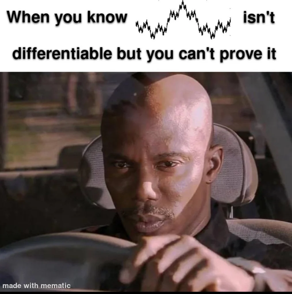 Wood Harris as Ace from “Paid in Full” drives a car with a serious look, overlaid with a jagged graph and text: “When you know a function isn’t differentiable but can’t prove it.” Highlights calculus struggles