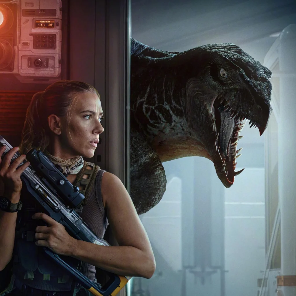 Poster of Jurassic World Rebirth featuring Scarlett Johansson and dinosaurs, celebrating its $800M global box office milestone.