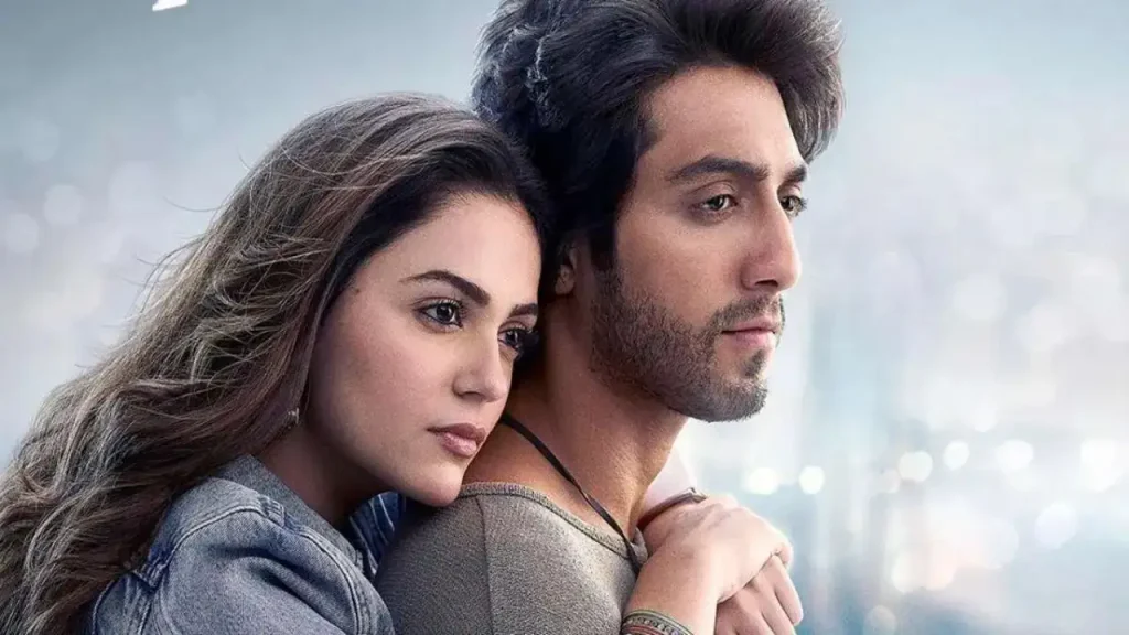Poster of Saiyaara featuring Ahaan Panday and Aneet Padda in an intimate romantic pose.