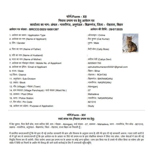 Residential certificate document issued to Cat Kumar in Rohtas, Bihar with parents Catty Boss and Catiya Devi
