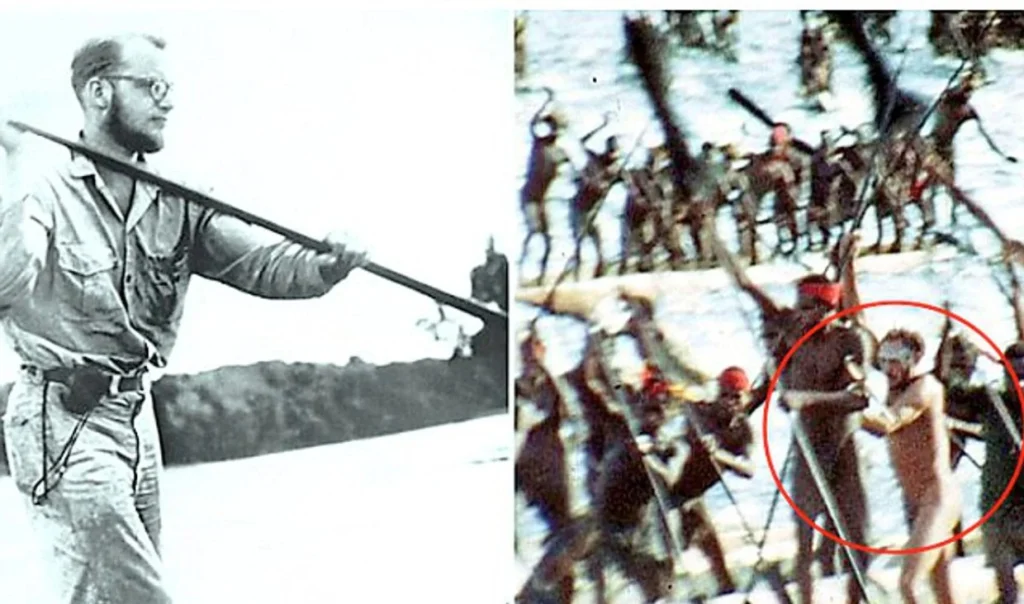 A black-and-white photograph shows a white man paddling in a canoe surrounded by indigenous Asmat tribesmen after Michael Rockefeller’s disappearance.