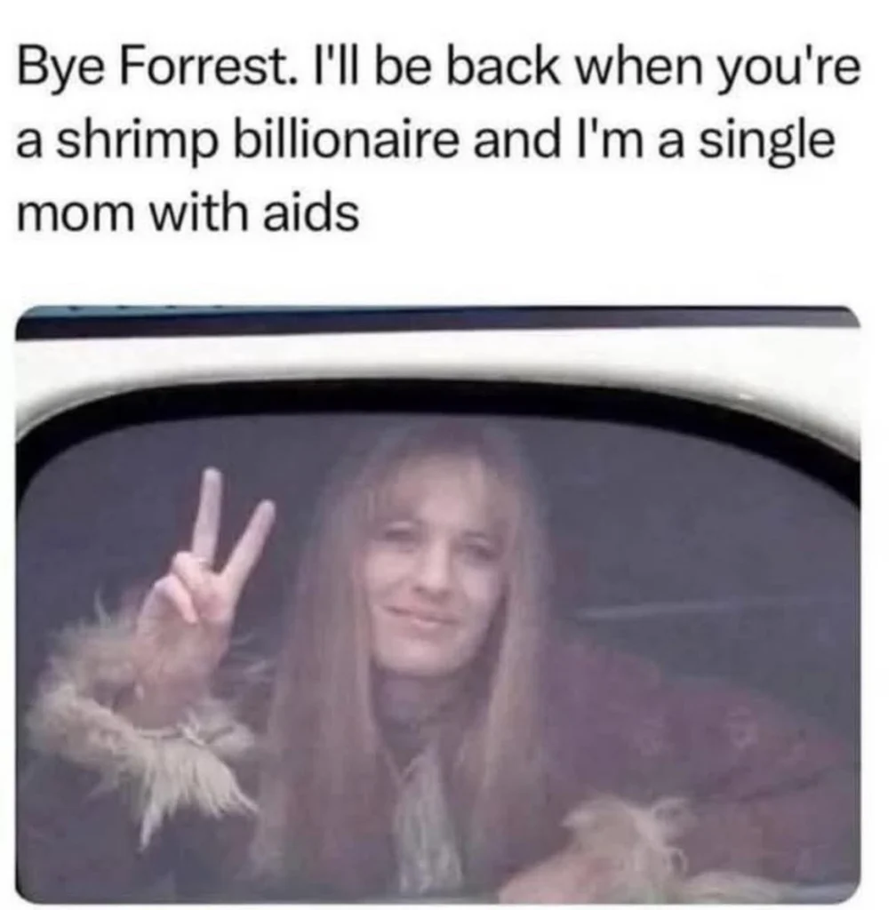 Meme referencing Forrest Gump with humorous twist about shrimp billionaire and single mom with AIDS.