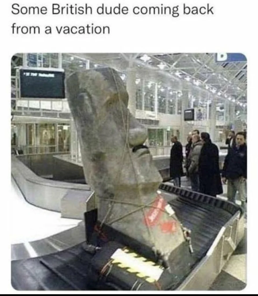 Oversized Moai statue on airport baggage carousel with humorous caption about British traveler.