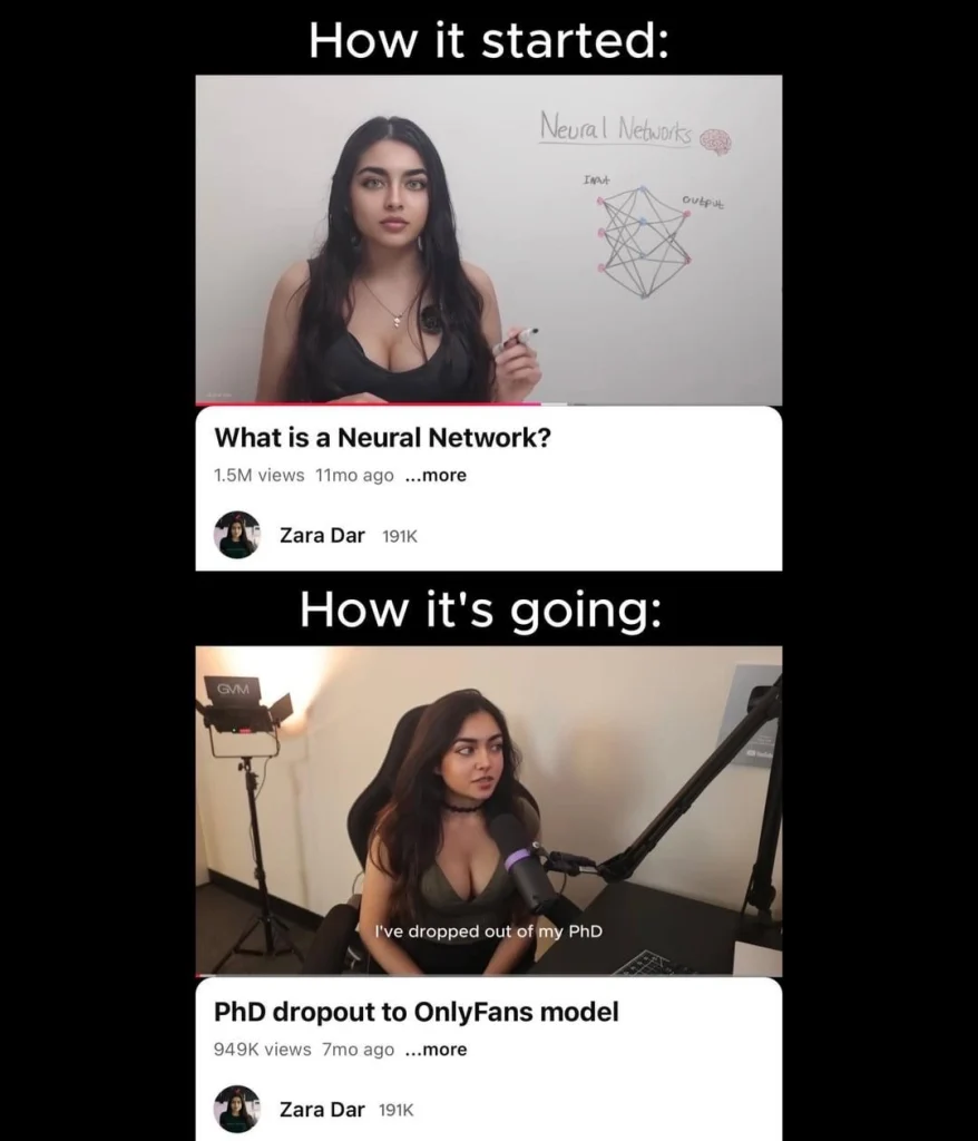 This meme contrasts Zara Dar’s career journey—starting with her viral AI explainer “What is a Neural Network?” and transitioning to her video “PhD dropout to OnlyFans model,” illustrating her shift from academia to adult content creation.