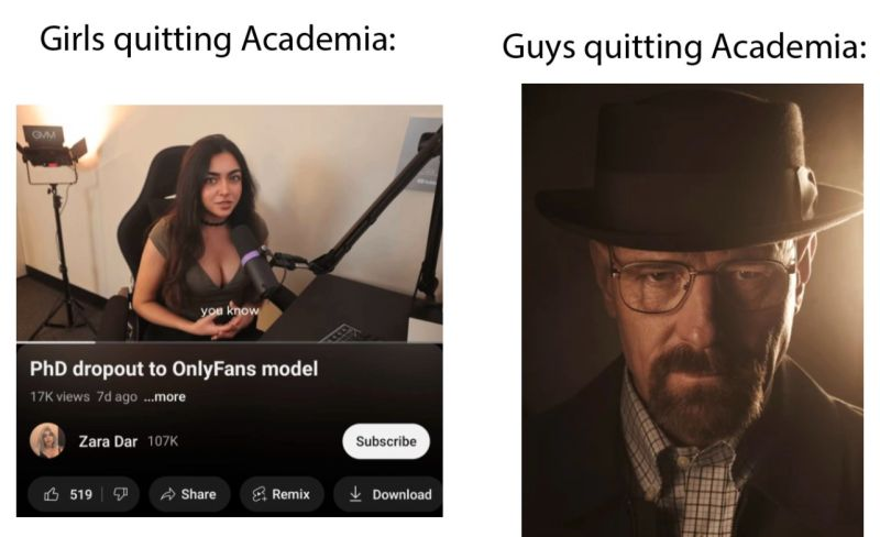 A meme comparing post-academia paths: Zara Dar’s “PhD dropout to OnlyFans model” video labeled “Girls quitting Academia,” contrasted with a suited man labeled “Guys quitting Academia.”