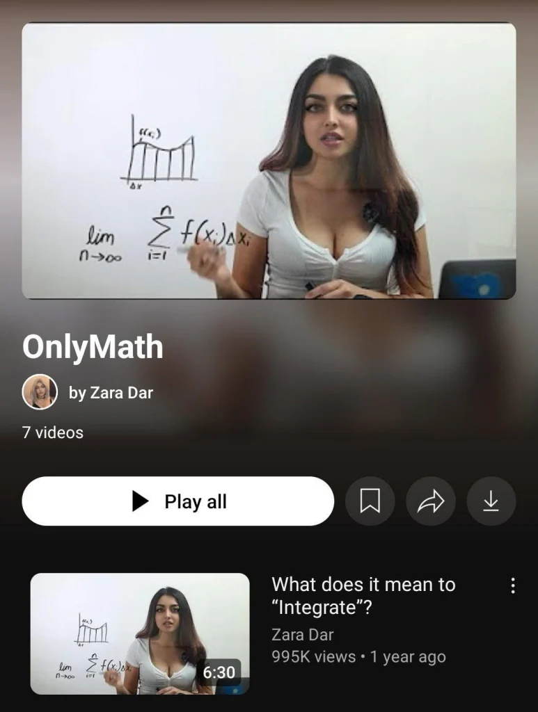 A YouTube thumbnail from Zara Dar’s “OnlyMath” channel showing her teaching integration with equations and a graph on a whiteboard.