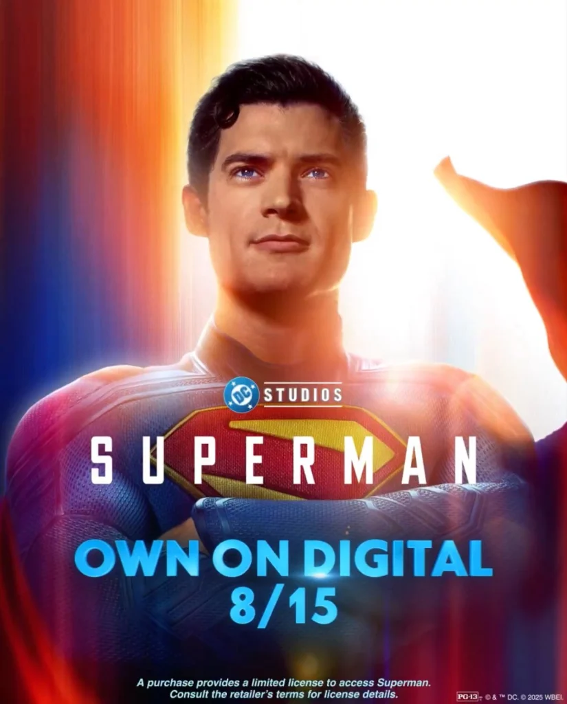 Superman flying above Metropolis with August 15 digital release date