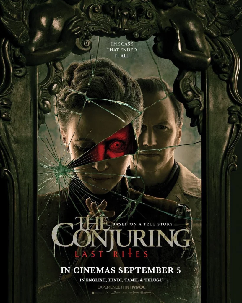Poster for The Conjuring: Last Rites features a dark, shadowed hallway, looming crosses, and a haunting glow—signaling the emotional and terrifying final chapter.