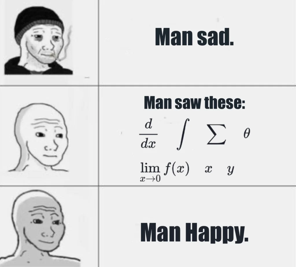 man’s mood instantly changes from sad to happy after spotting math symbols like integral ∫, summation ∑, and limit limₓ→₀ f(x), celebrating the joy of calculus and algebra.