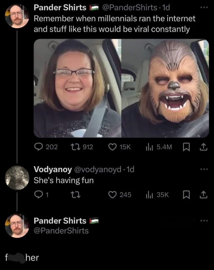 Twitter conversation with photos of a person in a car. One tweet says millennials used to make things viral. Another says “She’s having fun.” The last tweet is a rude reply.