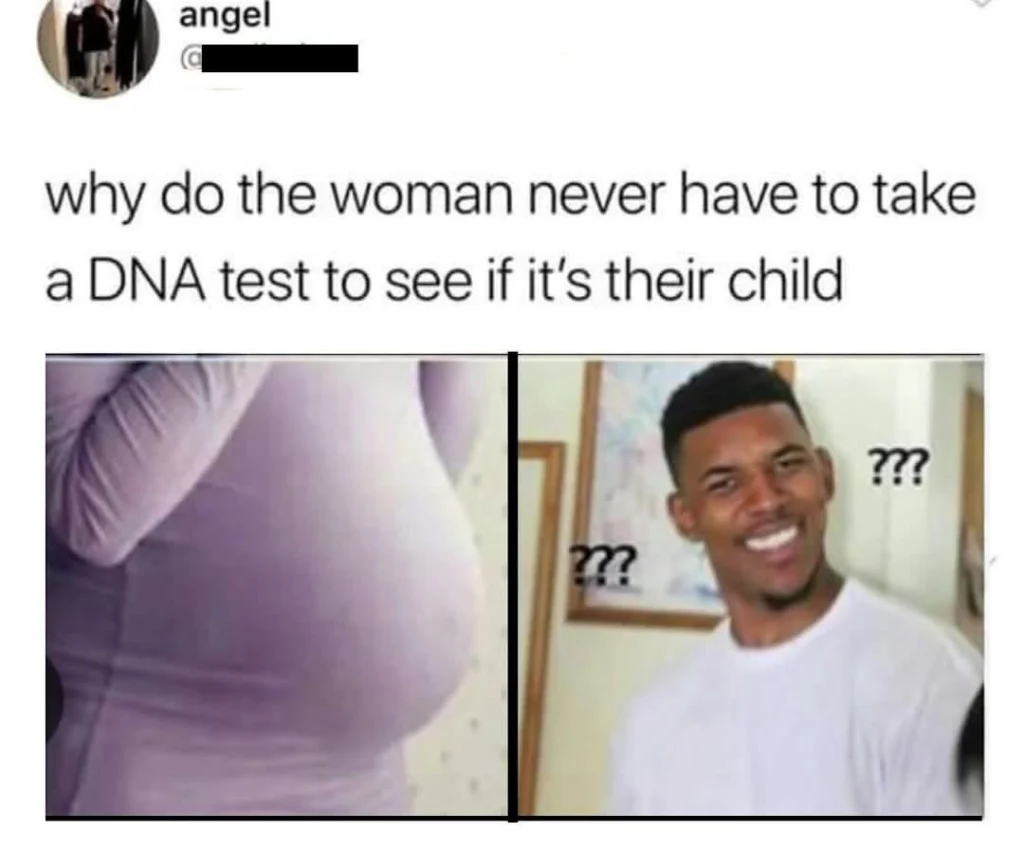 Meme with a pregnant woman and a confused man. Text asks why moms don’t need DNA tests to know the baby is theirs.