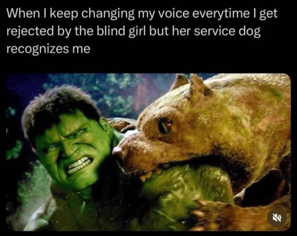 Movie scene showing a dog biting a green character. Text says the dog still recognizes the person who keeps changing their voice. Hulk meme