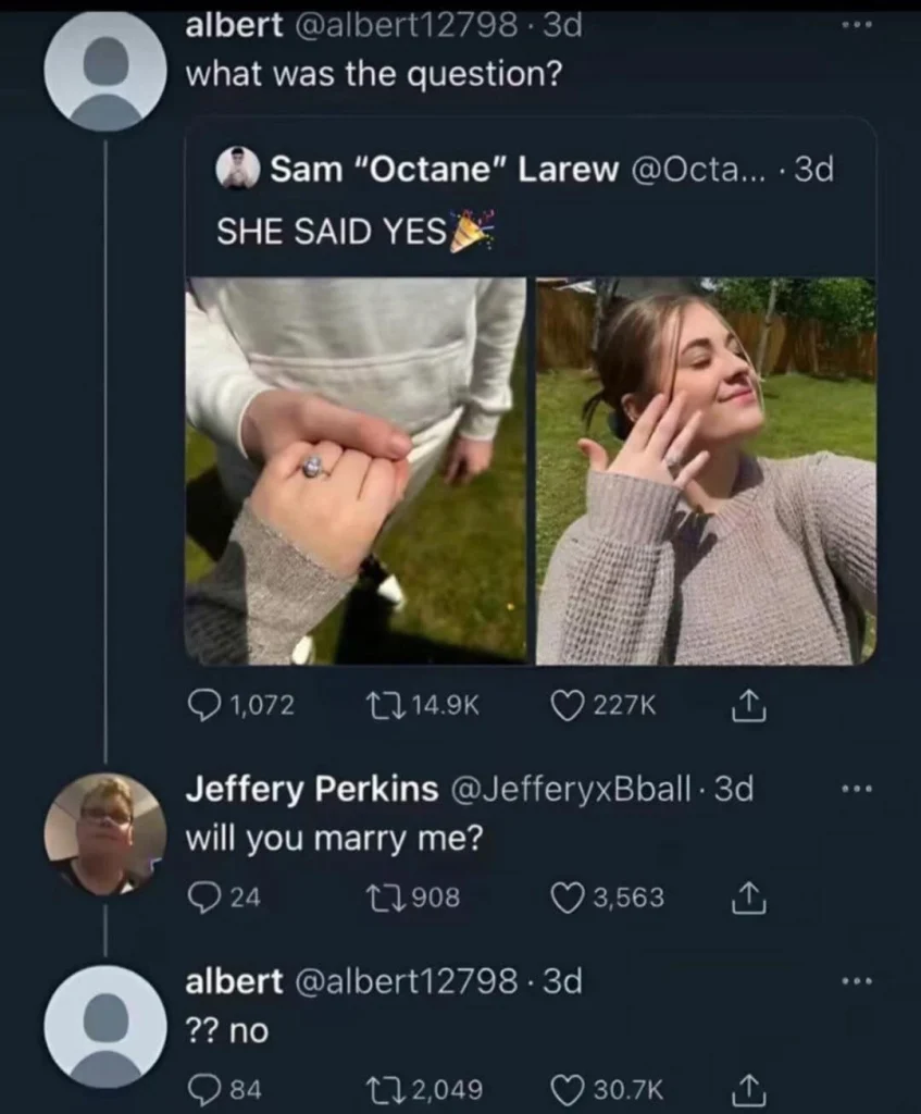 Twitter screenshot showing a mix-up about a marriage proposal. One tweet says “She said yes,” another asks “Will you marry me?” and the reply says “No.”