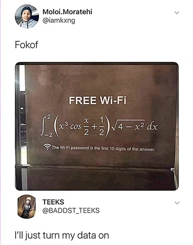 Meme showing a complex definite integral used as a Wi-Fi password, with a tweet joking about turning on mobile data instead.