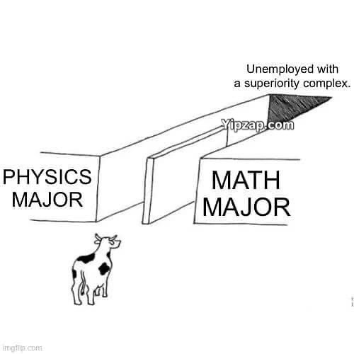A cartoon cow stands between two paths: one labeled Physics Major (simple) and one labeled Math Major (complex), ending in “Unemployed with a superiority complex.” It’s a funny college joke.