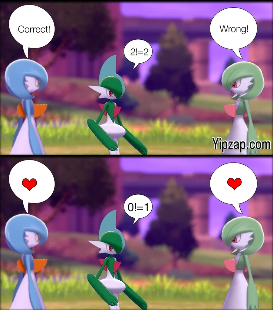 Two-panel Pokémon comic featuring Gardevoir and Gallade reacting to factorial expressions like 2! = 2 and 0! = 1 with humor and affection