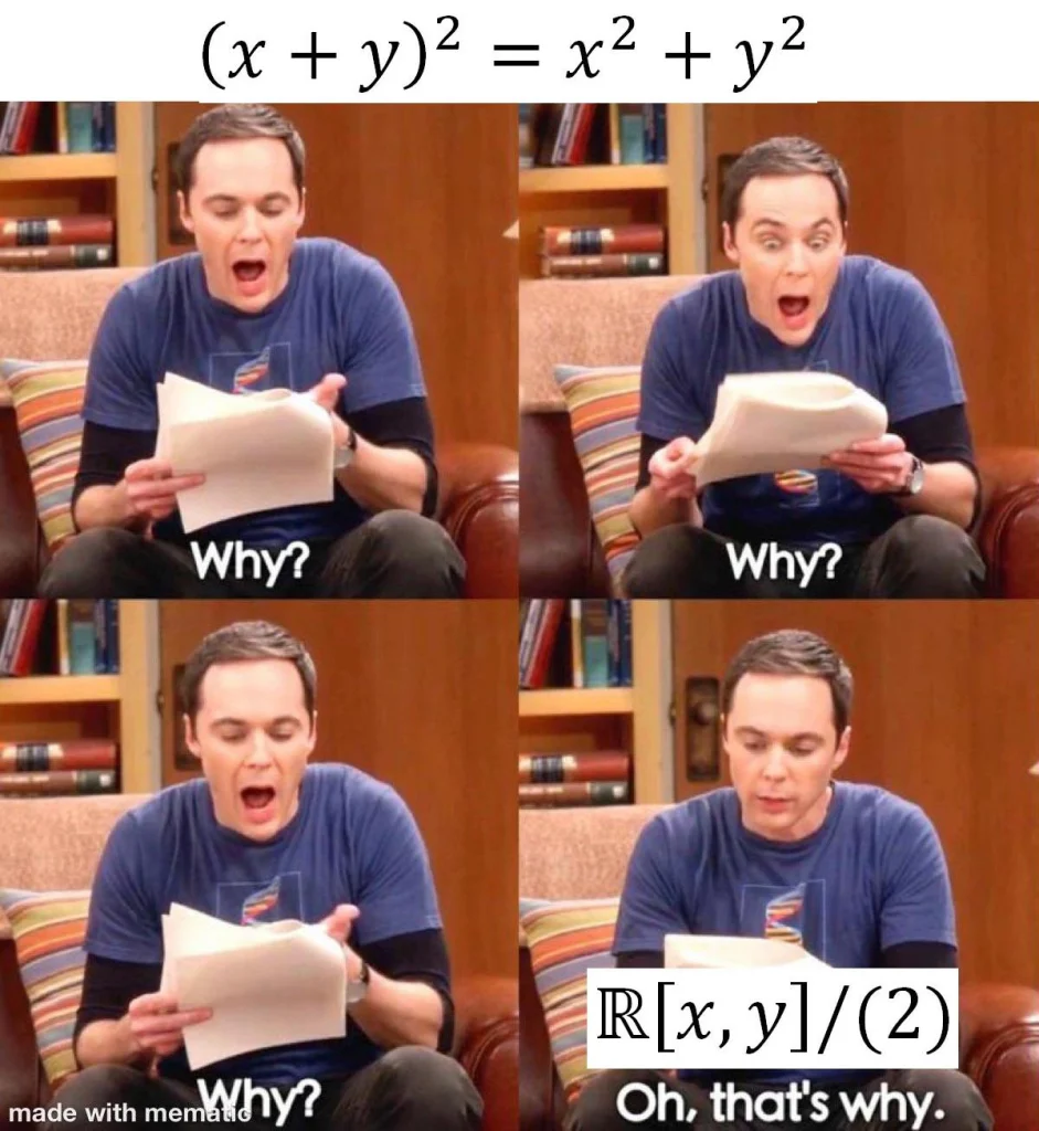 “Four-panel meme of Sheldon Cooper reacting to the incorrect expansion (x + y)^2 = x^2 + y^2, with final panel referencing the ring ℝ[x, y]/(2) as explanation.