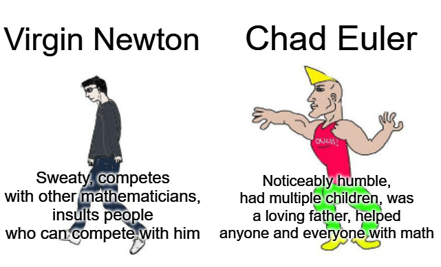 Virgin vs Chad meme comparing Isaac Newton sweating and competing with other mathematicians while insulting them, versus Leonhard Euler wearing a party hat, humbly helping anyone and everyone learn mathematics, despite having multiple children.