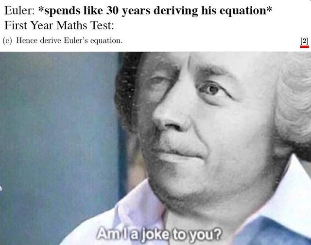 Meme comparing Euler's 30-year mathematical derivation to a first-year calculus exam where students are expected to derive his equation immediately, with Euler's skeptical expression and the caption 'Am I a joke to you?
