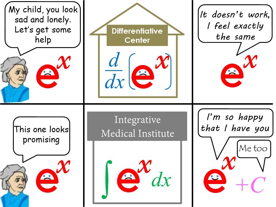 Four-panel meme showing a parent taking e^x to a Differentiative Center therapy where the derivative d/dx[e^x] doesn't help, then to an Integrative Medical Institute where the integral ∫e^x dx + C finally succeeds, humorously illustrating calculus properties.