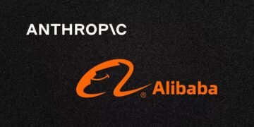 Anthropic logo and Alibaba logo with AI network visualization showing unauthorized data extraction between systems