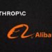 Anthropic logo and Alibaba logo with AI network visualization showing unauthorized data extraction between systems