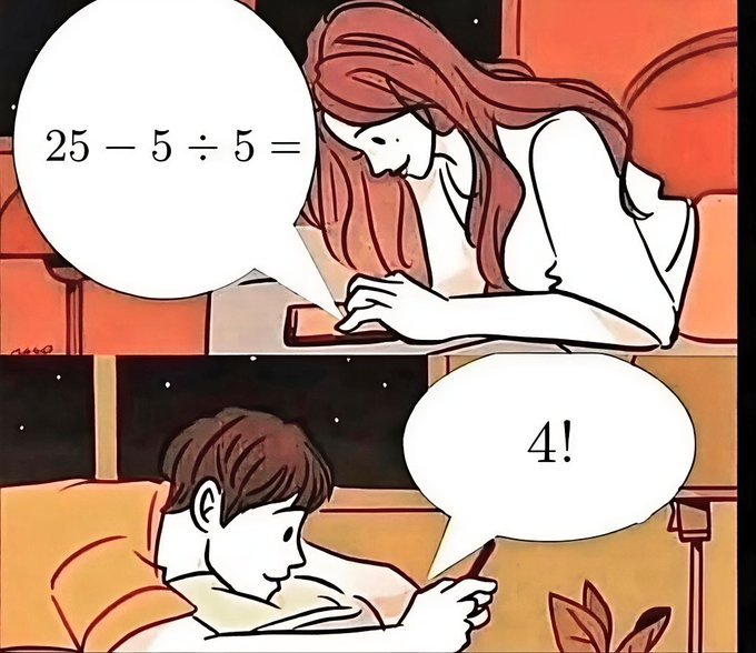 Math meme showing a woman asking "25 − 5 ÷ 5 =" while a boy confidently answers "4!" — a joke about incorrectly solving equations left to right instead of following the order of operations, where the correct answer is 24.