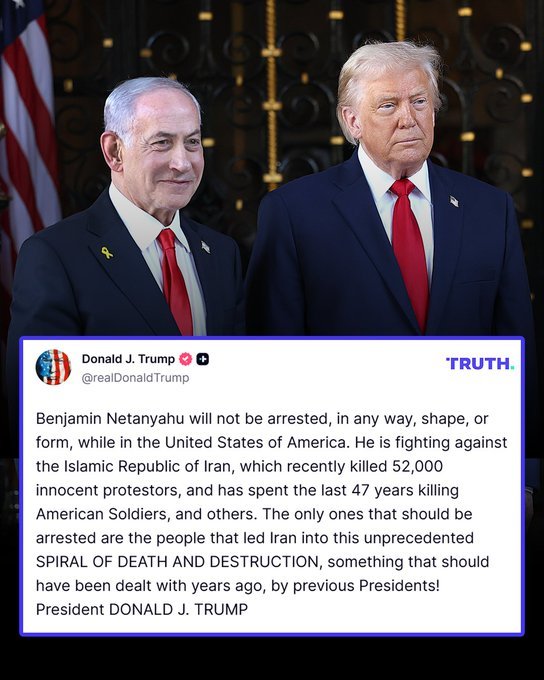In response to NYC Mayor Mamdani's warning that he will arrest the Israeli Prime Minister, President Donald Trump said, "Benjamin Netanyahu will not be arrested, in any way, shape, or form, while in the United States of America."