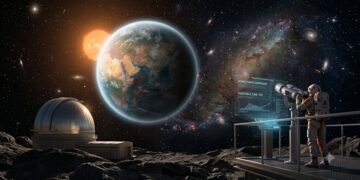 An astronaut at a lunar observation base stands on an elevated platform, looking through advanced binoculars toward a distant Habitable Earth-like Exoplanet in deep space.