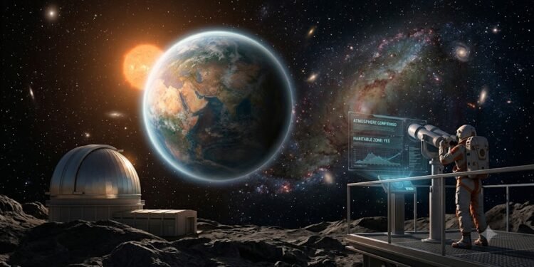 An astronaut at a lunar observation base stands on an elevated platform, looking through advanced binoculars toward a distant Habitable Earth-like Exoplanet in deep space.