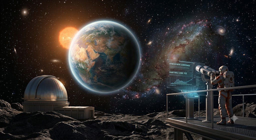 An astronaut at a lunar observation base stands on an elevated platform, looking through advanced binoculars toward a distant Habitable Earth-like Exoplanet in deep space.