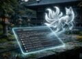A glowing digital tablet displaying search engine results for leaked Claude AI chat prompts, with a ethereal, glowing nine-tailed fox hovering above it in a serene garden setting.