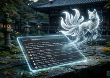 A glowing digital tablet displaying search engine results for leaked Claude AI chat prompts, with a ethereal, glowing nine-tailed fox hovering above it in a serene garden setting.