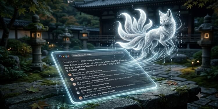 A glowing digital tablet displaying search engine results for leaked Claude AI chat prompts, with a ethereal, glowing nine-tailed fox hovering above it in a serene garden setting.
