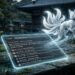 A glowing digital tablet displaying search engine results for leaked Claude AI chat prompts, with a ethereal, glowing nine-tailed fox hovering above it in a serene garden setting.