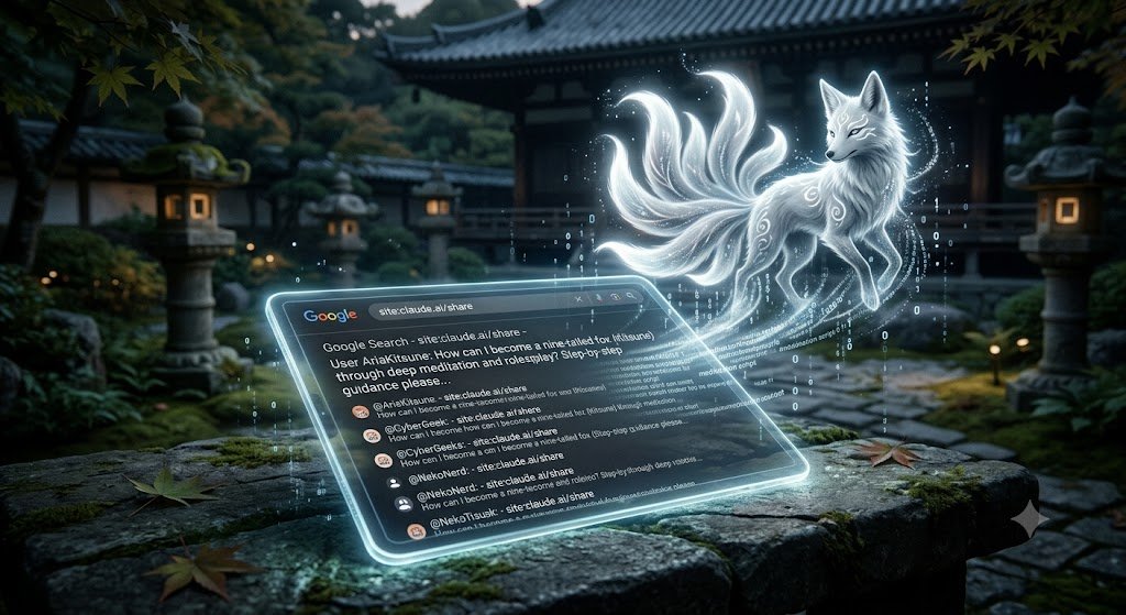 A glowing digital tablet displaying search engine results for leaked Claude AI chat prompts, with a ethereal, glowing nine-tailed fox hovering above it in a serene garden setting.
