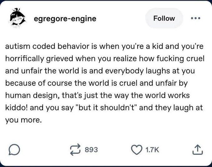 Social media post describing autism coded behavior as a child feeling deep grief over the unfairness of the world while adults laugh it off